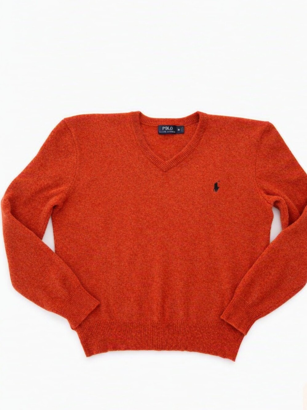 Polo Ralph Lauren 100% Lambswool Orange Preppy V‑Neck Sweater Size M